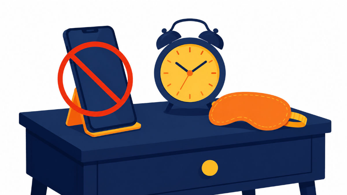 Szafka nocna z analogowym budzikiem, opaską do snu i przekreślonym smartfonem symbolizującym zakaz używania telefonu przed snem.